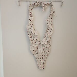 LoveShackFancy Cream Bodysuit with Pink Floral Design